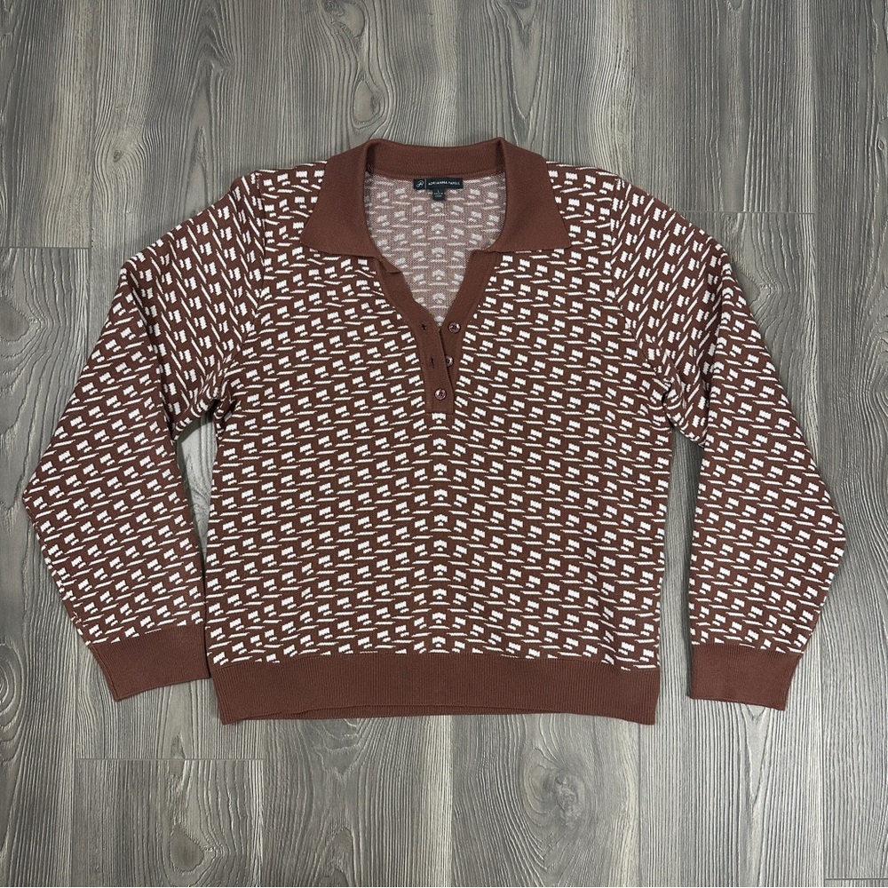 Adrianna Papell Brown and White Patterned Polo‎ Sweater with Button Details